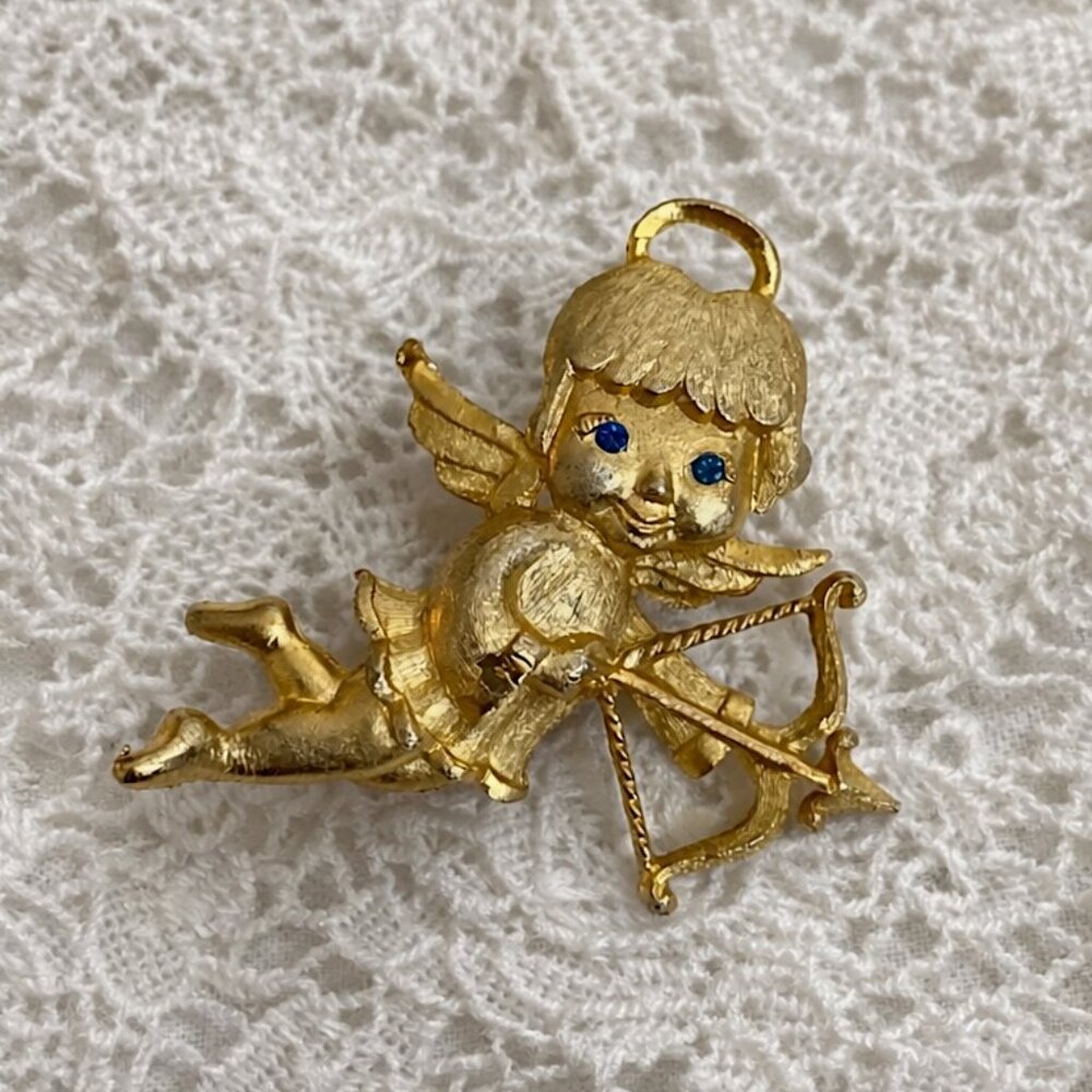 Vintage Signed Mamselle Gold Tone Cupid Brooch Pin Blue Rhinestone Cherub Angel